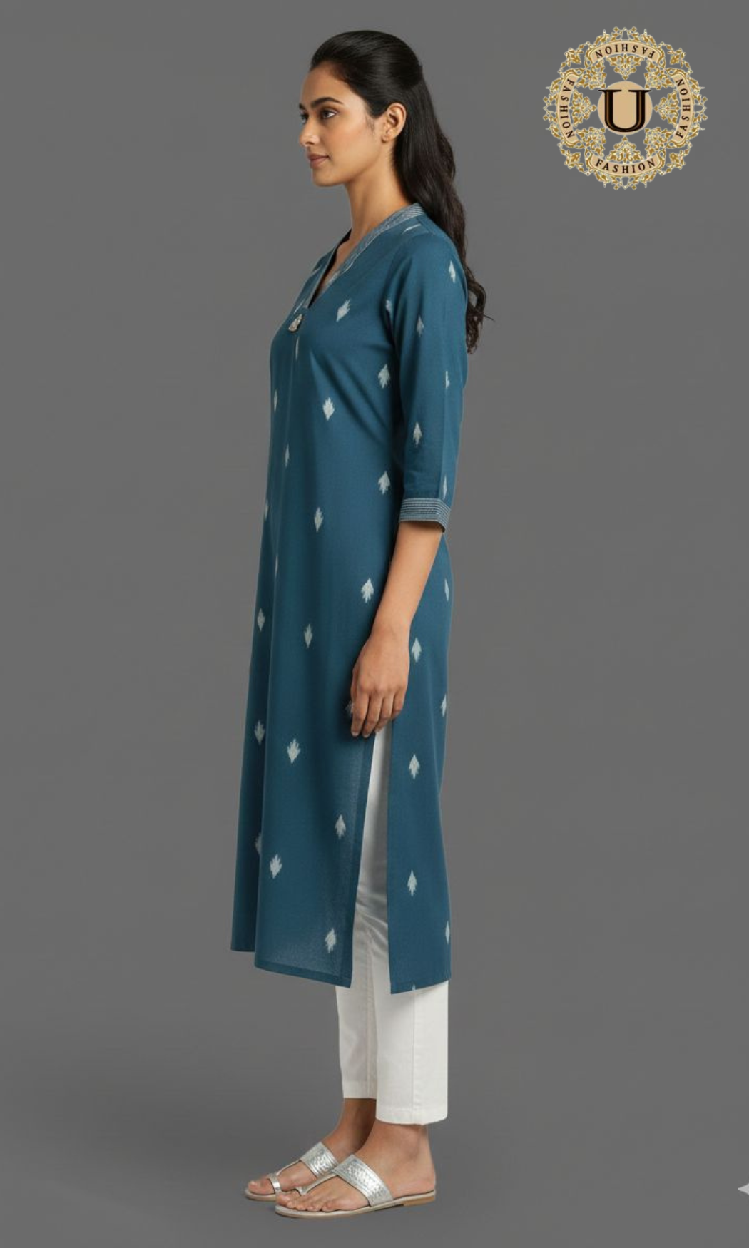 Teal Blue Cotton Printed Long Kurti