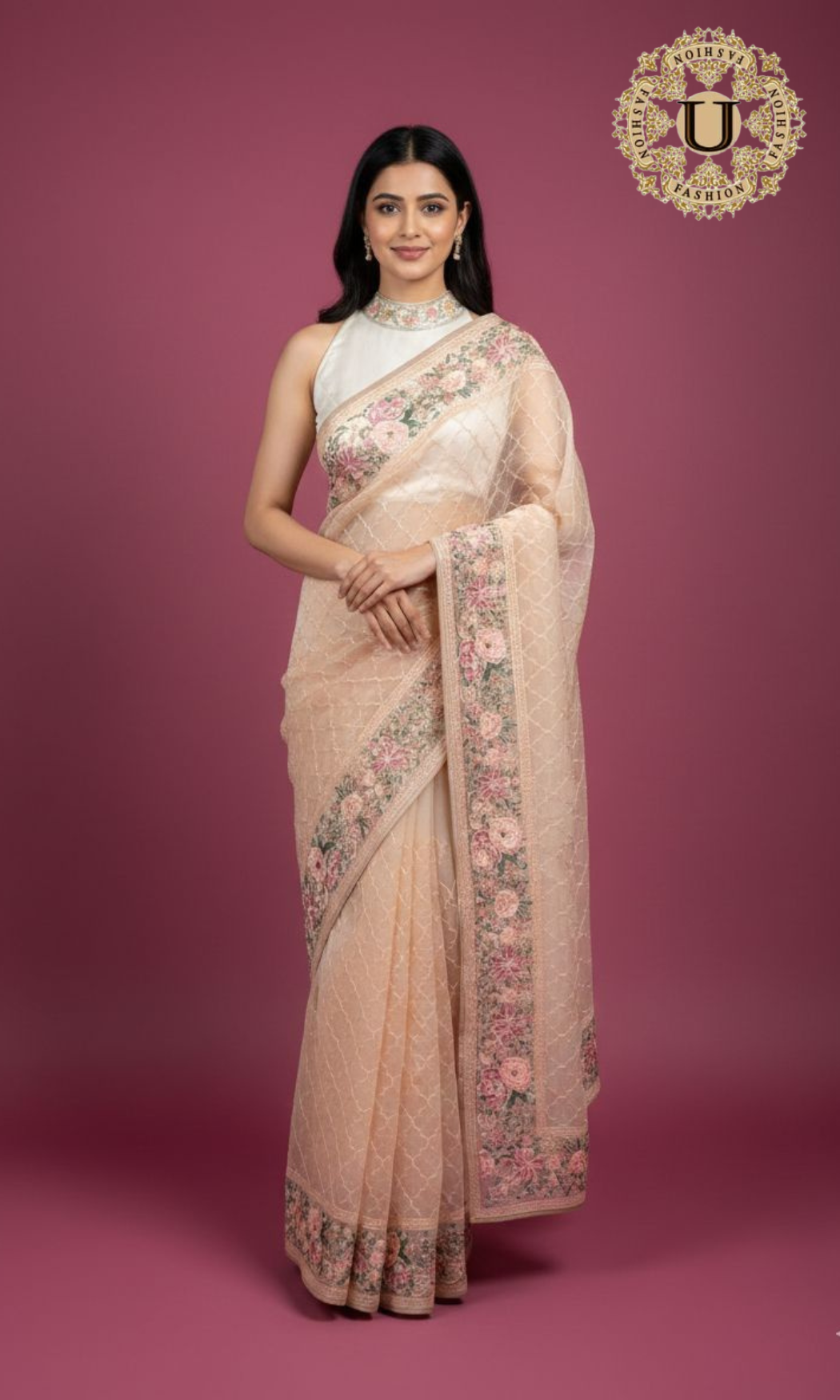 Light Peach Floral Orgenza Saree