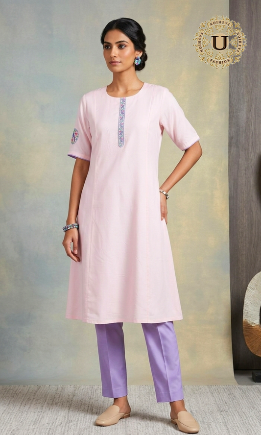Soft Pink Hand Embroidered Long Kurti