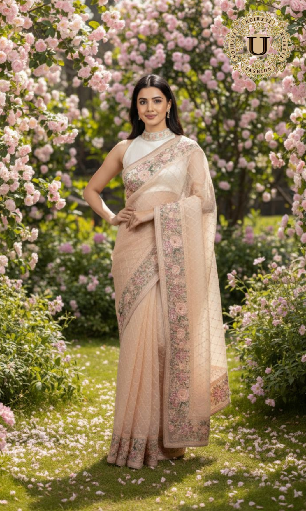Light Peach Floral Orgenza Saree