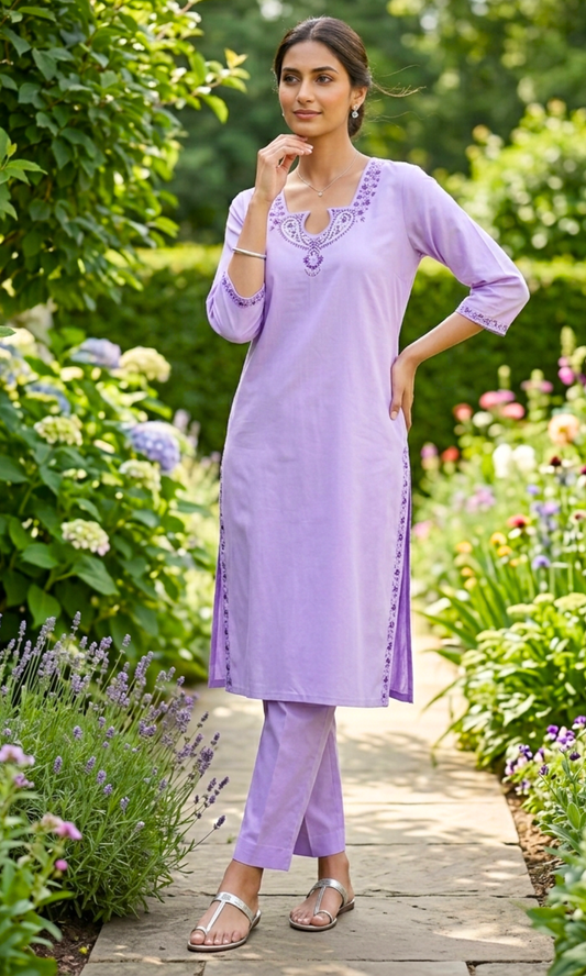 LAVENDER SPUN EMBROIDERED LONG KURTI