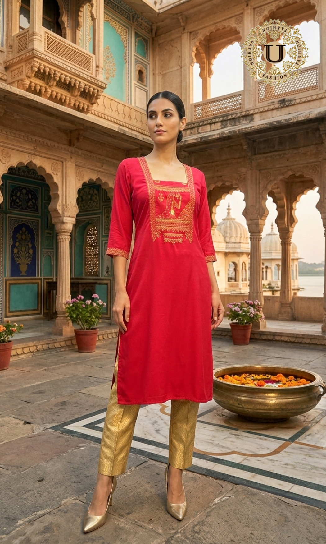 Red Blended Cotton Long Kurti with Zari Figurative Embroidery