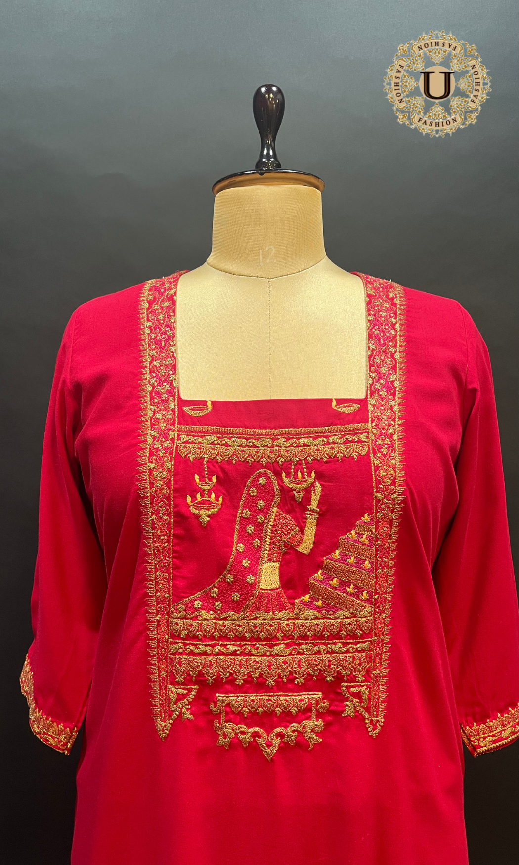 Red Blended Cotton Long Kurti with Zari Figurative Embroidery