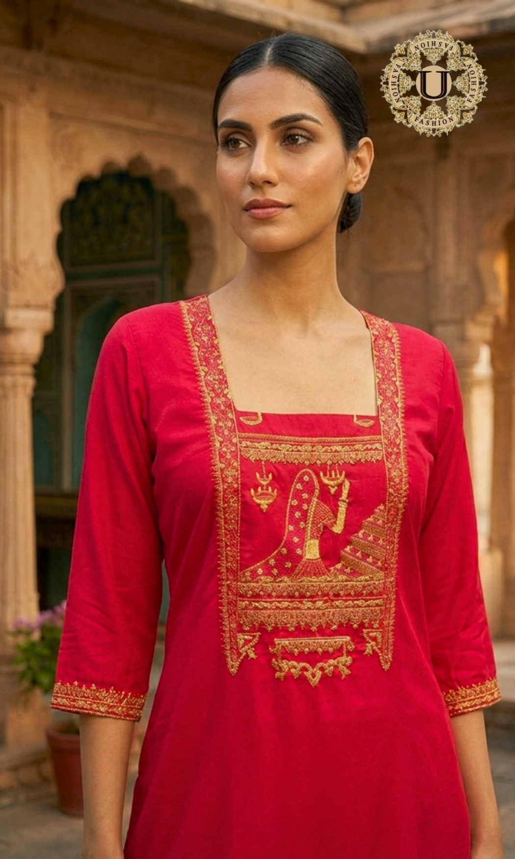 Red Blended Cotton Long Kurti with Zari Figurative Embroidery