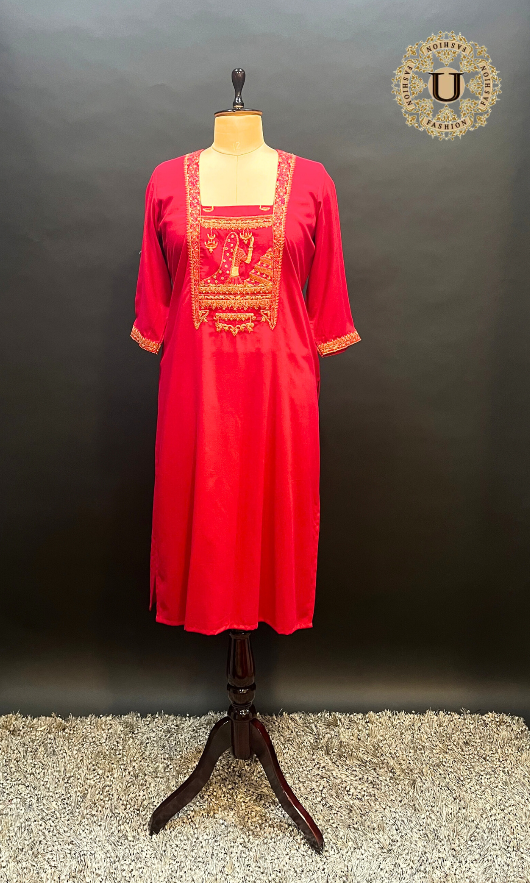 Red Blended Cotton Long Kurti with Zari Figurative Embroidery