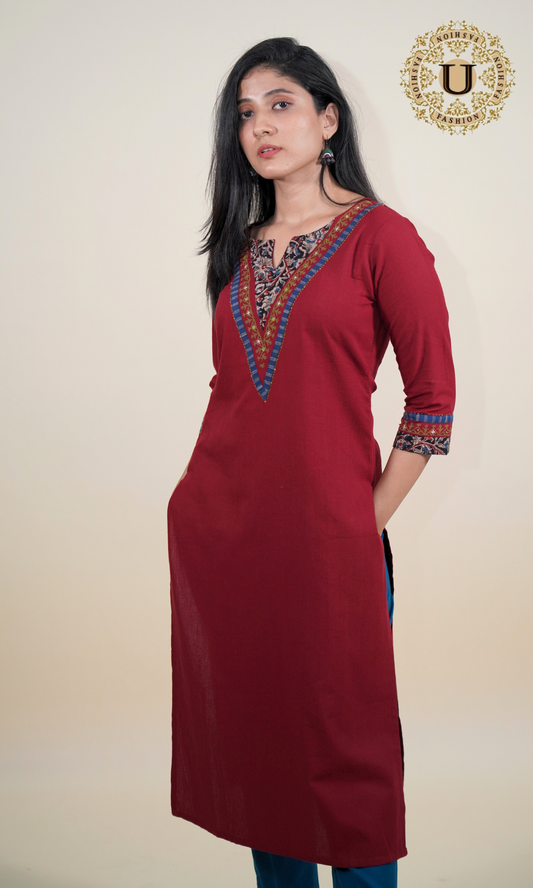Maroon Cotton Patti Yoke Long Kurti