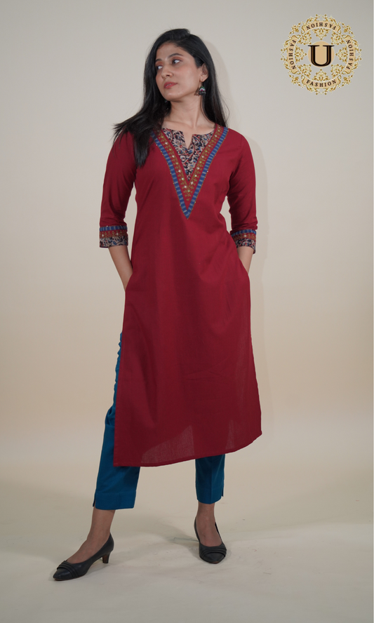 Maroon Cotton Patti Yoke Long Kurti