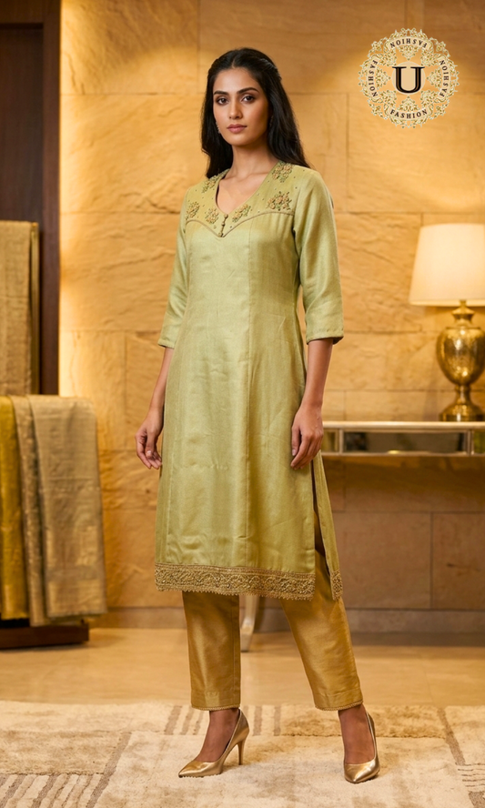 METALIC PISTA BLENDED SILK  HAND EMBROIDERED KURTI