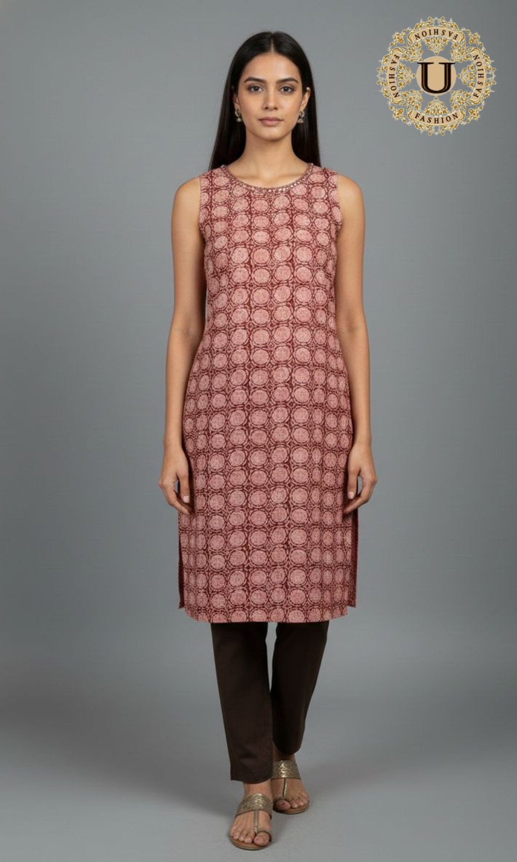 Onion Pink Cotton Sleeveless Long Kurti