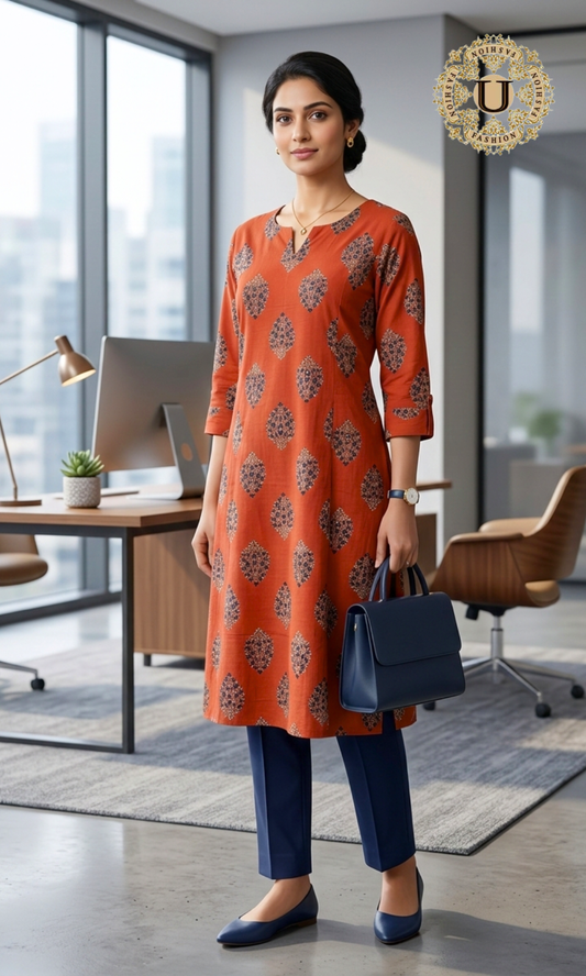 Orange Cotton Long Kurti with Bold Ethnic Prints