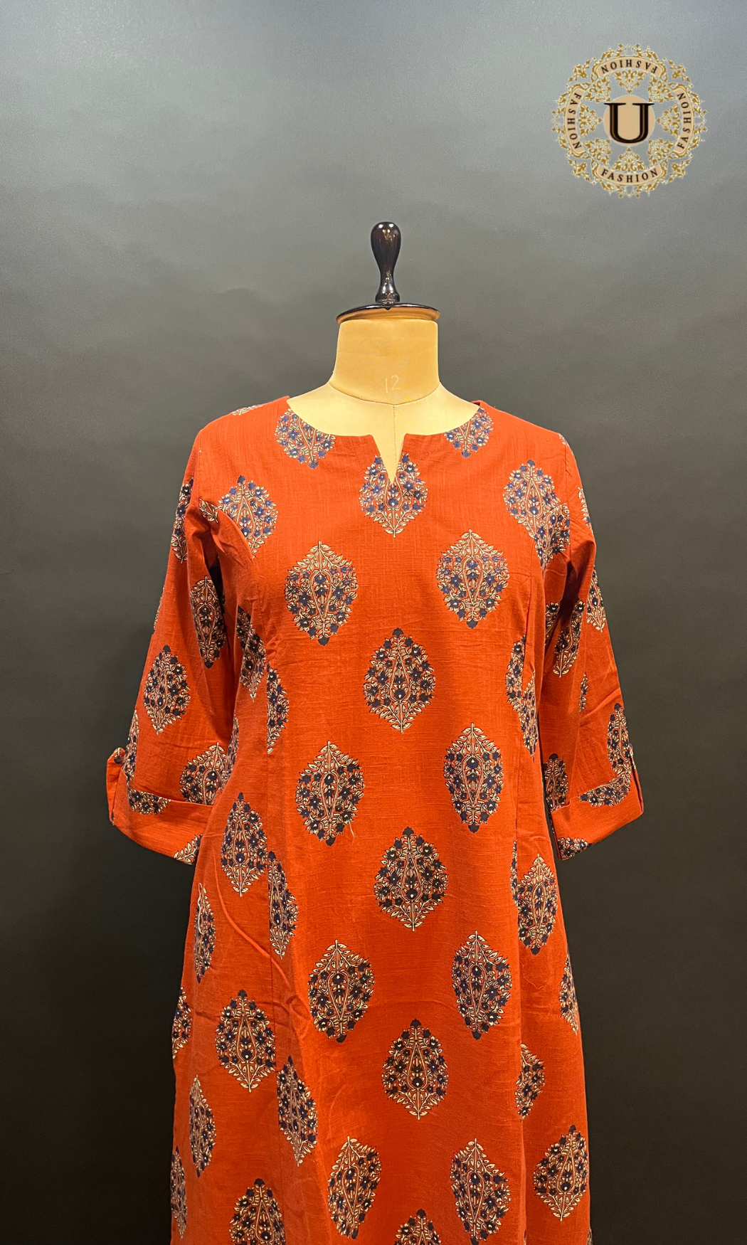 Orange Cotton Long Kurti with Bold Ethnic Prints