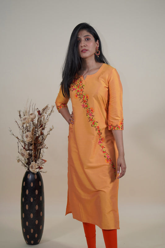 Orange spun floral embroidered long kurti
