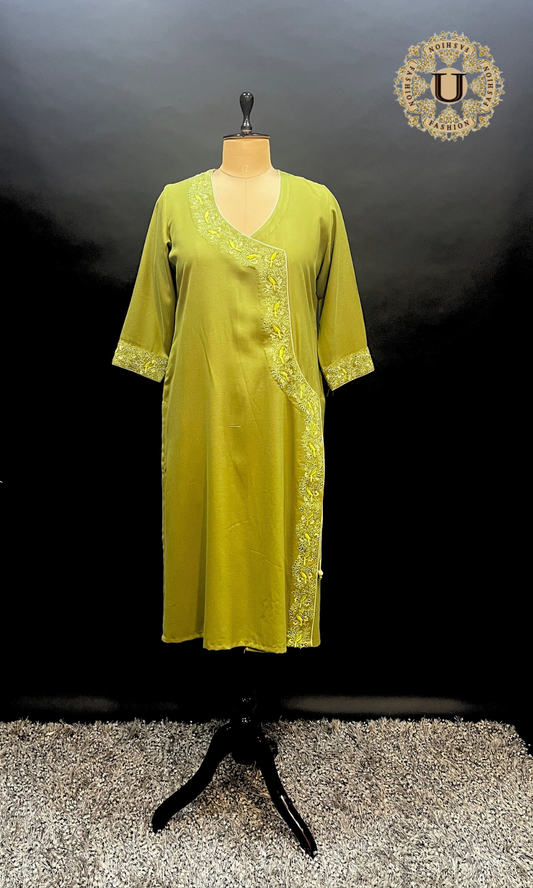 Lime Green Spun Embroidered Long Kurti