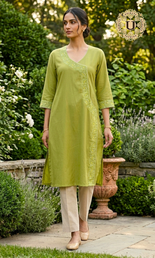 Lime Green Spun Embroidered Long Kurti