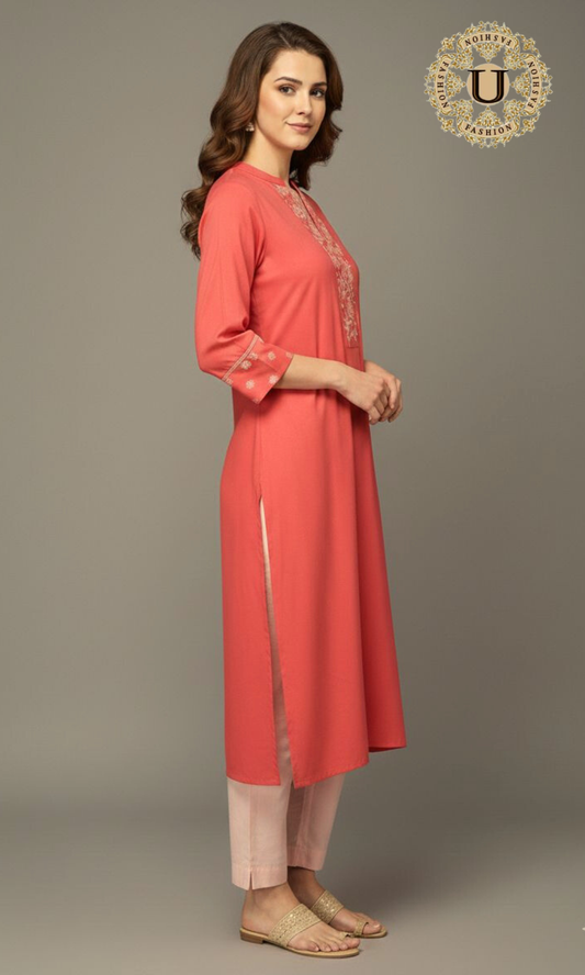 Peach Cotton Emroidered Long Kurti