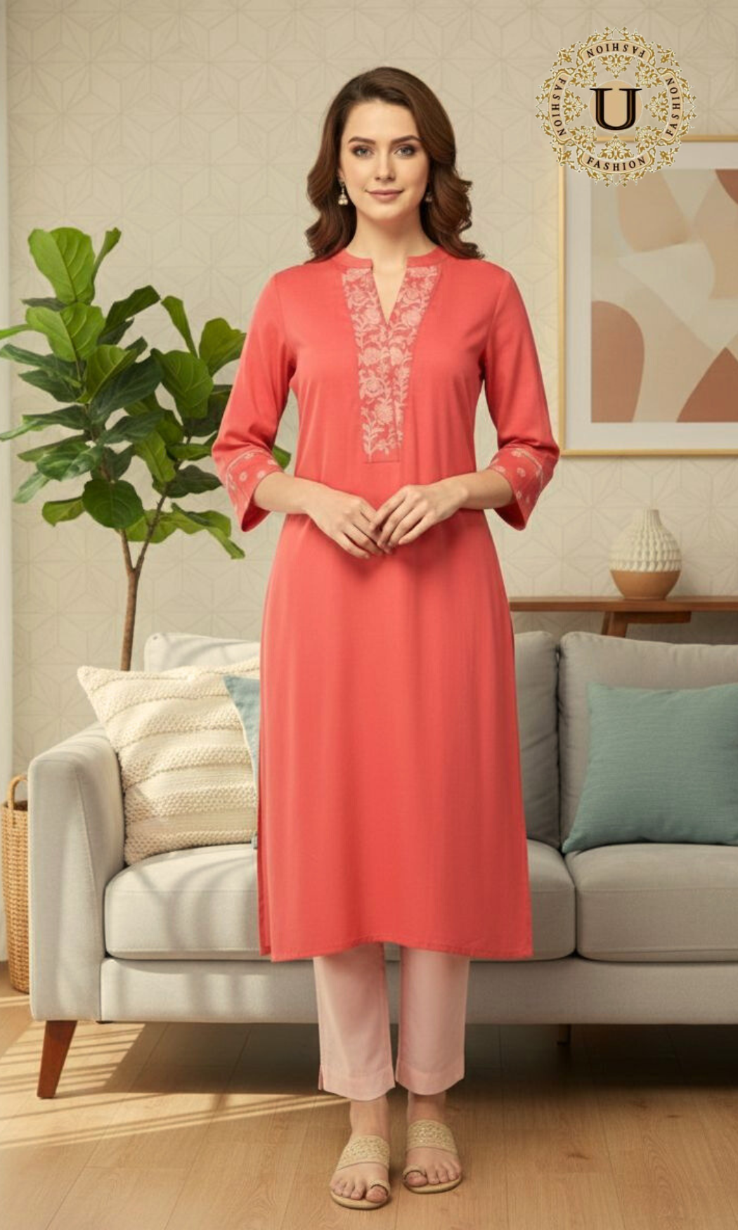 Peach Cotton Emroidered Long Kurti