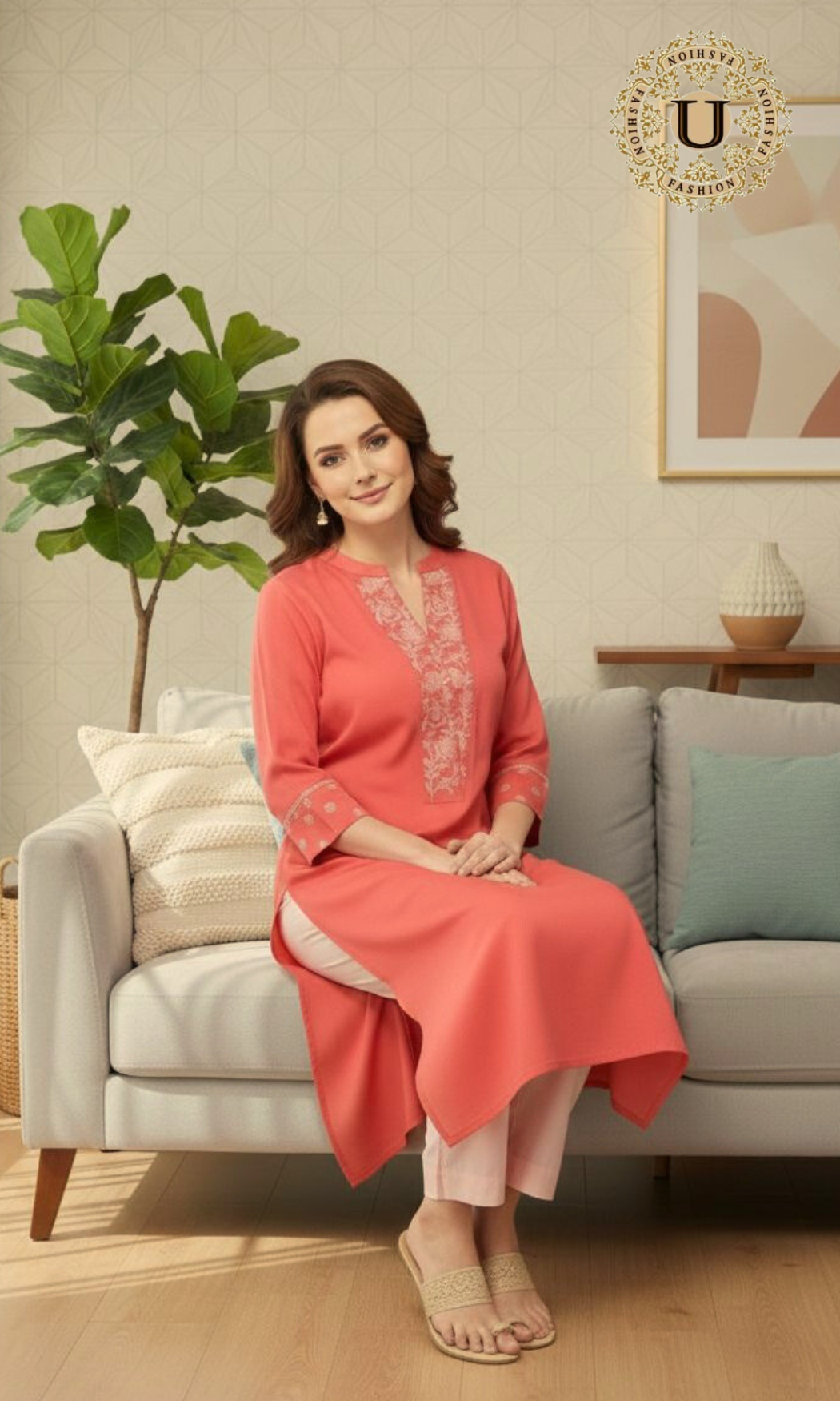 Peach Cotton Emroidered Long Kurti