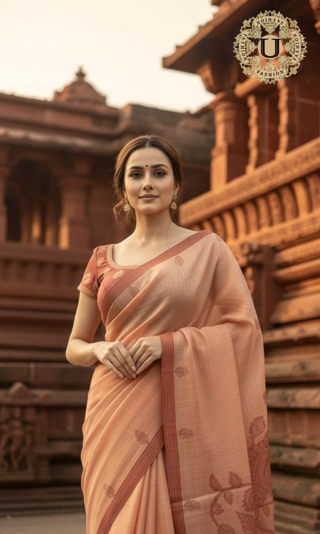 Peach Tussar Silk  Applique Work Saree