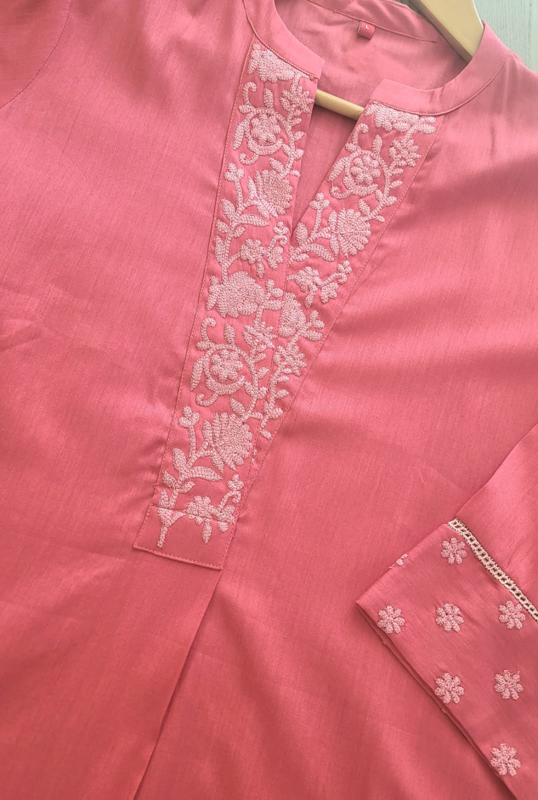 Peach Cotton Emroidered Long Kurti