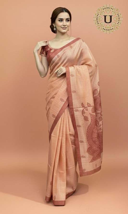 Peach Tussar Silk  Applique Work Saree