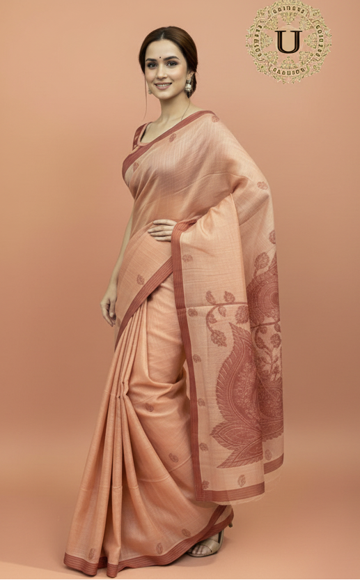 Peach Tussar Silk  Applique Work Saree