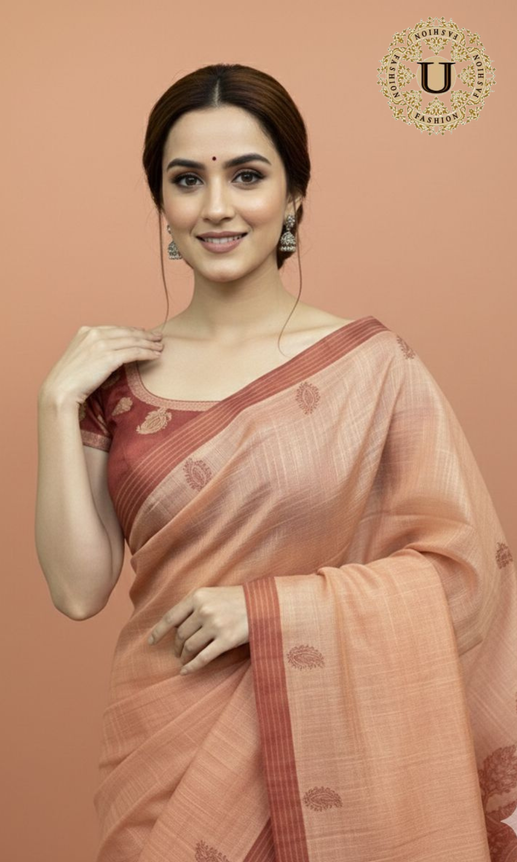 Peach Tussar Silk  Applique Work Saree