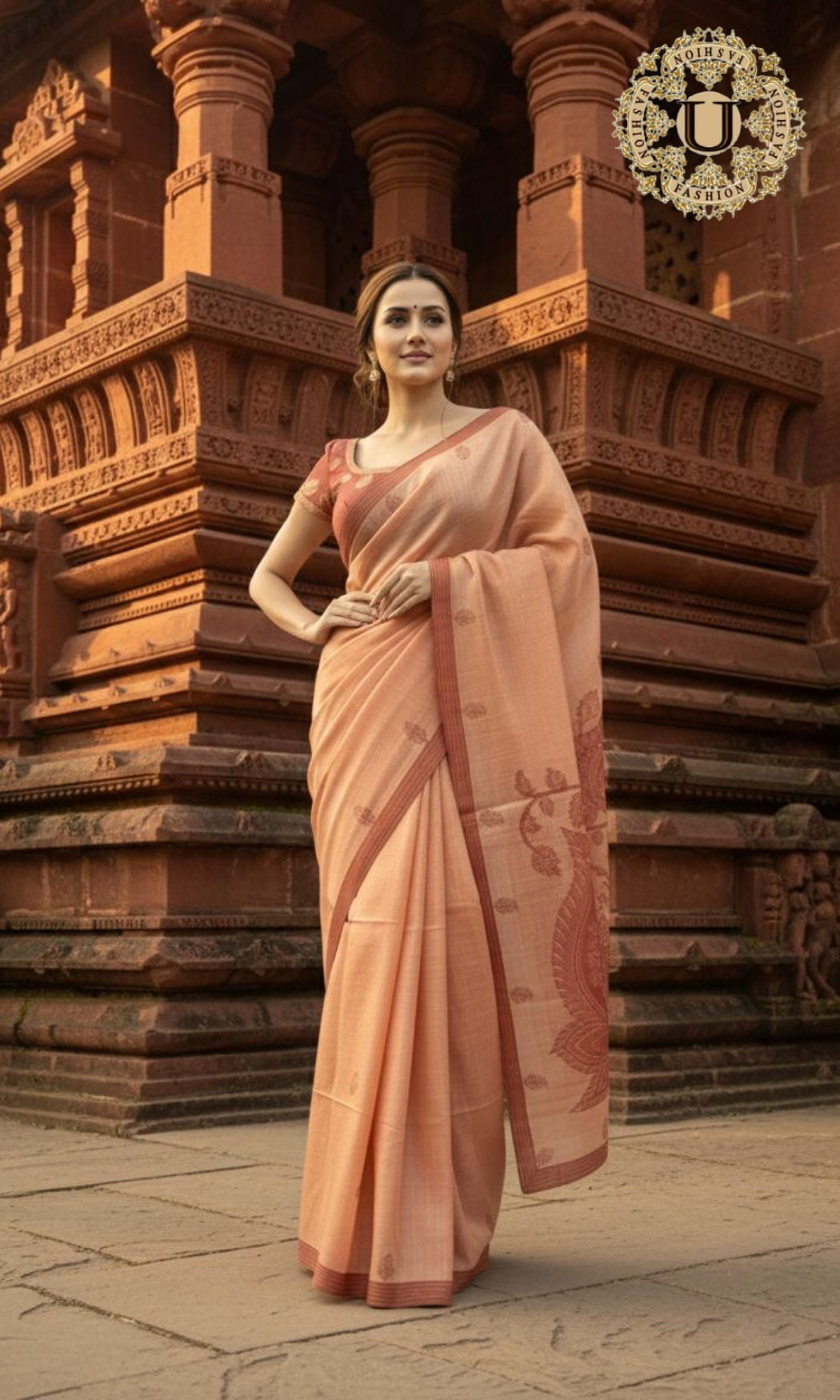 Peach Tussar Silk  Applique Work Saree