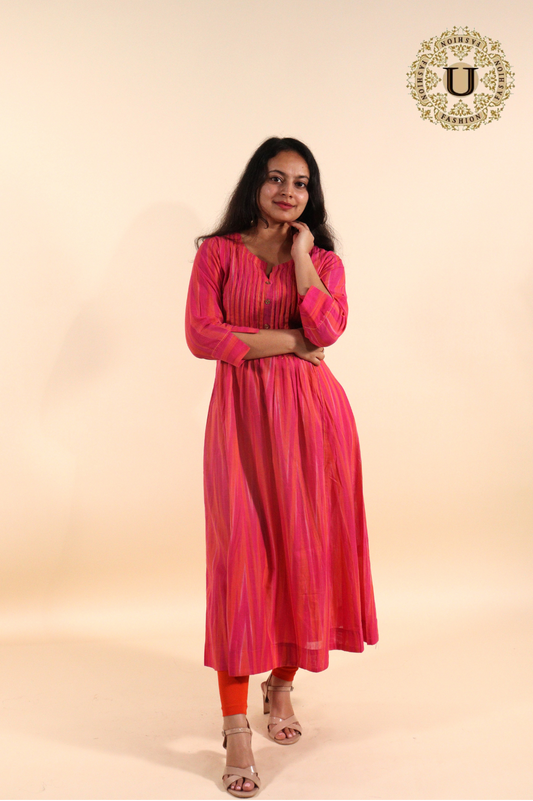 Fuschia pink woven cotton pleated long kurti
