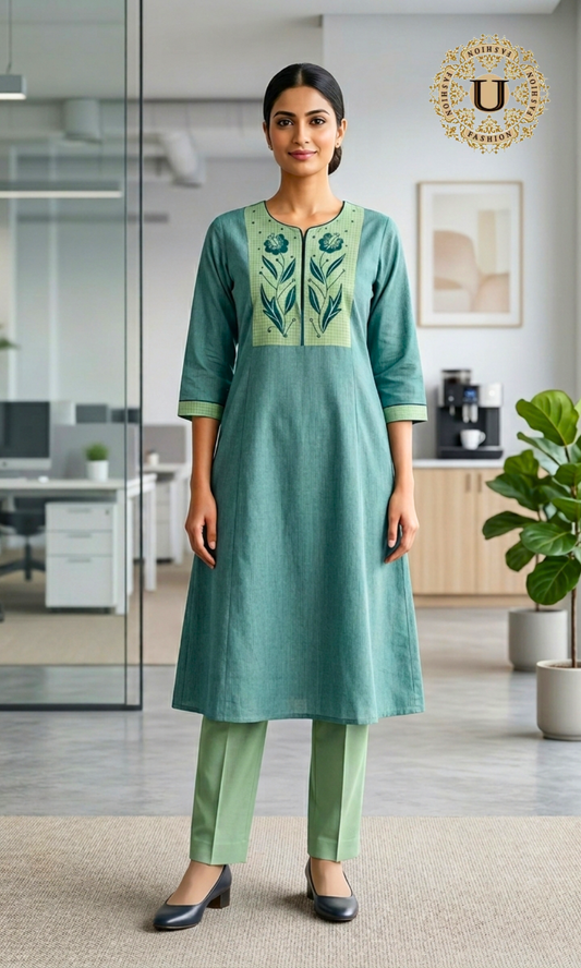 Aqua Blue Applique yoke Long Kurti