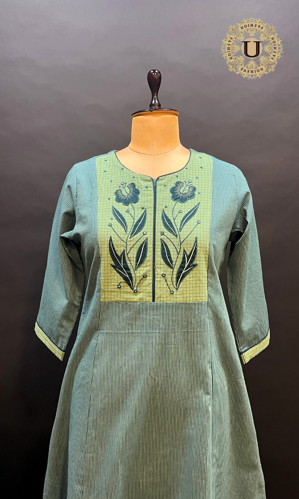 Aqua Blue Applique yoke Long Kurti