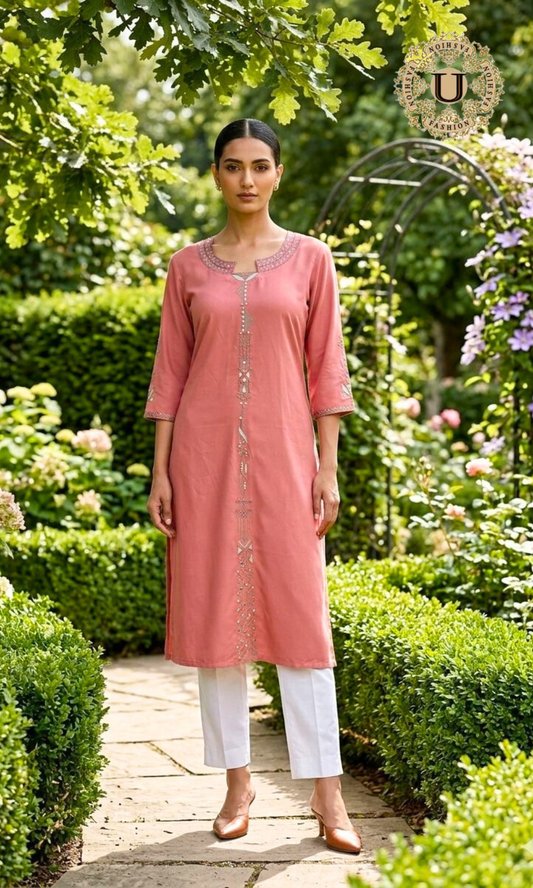 Peach Spun Embroidered Long Kurti