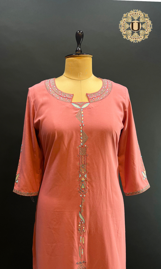 Peach Spun Embroidered Long Kurti