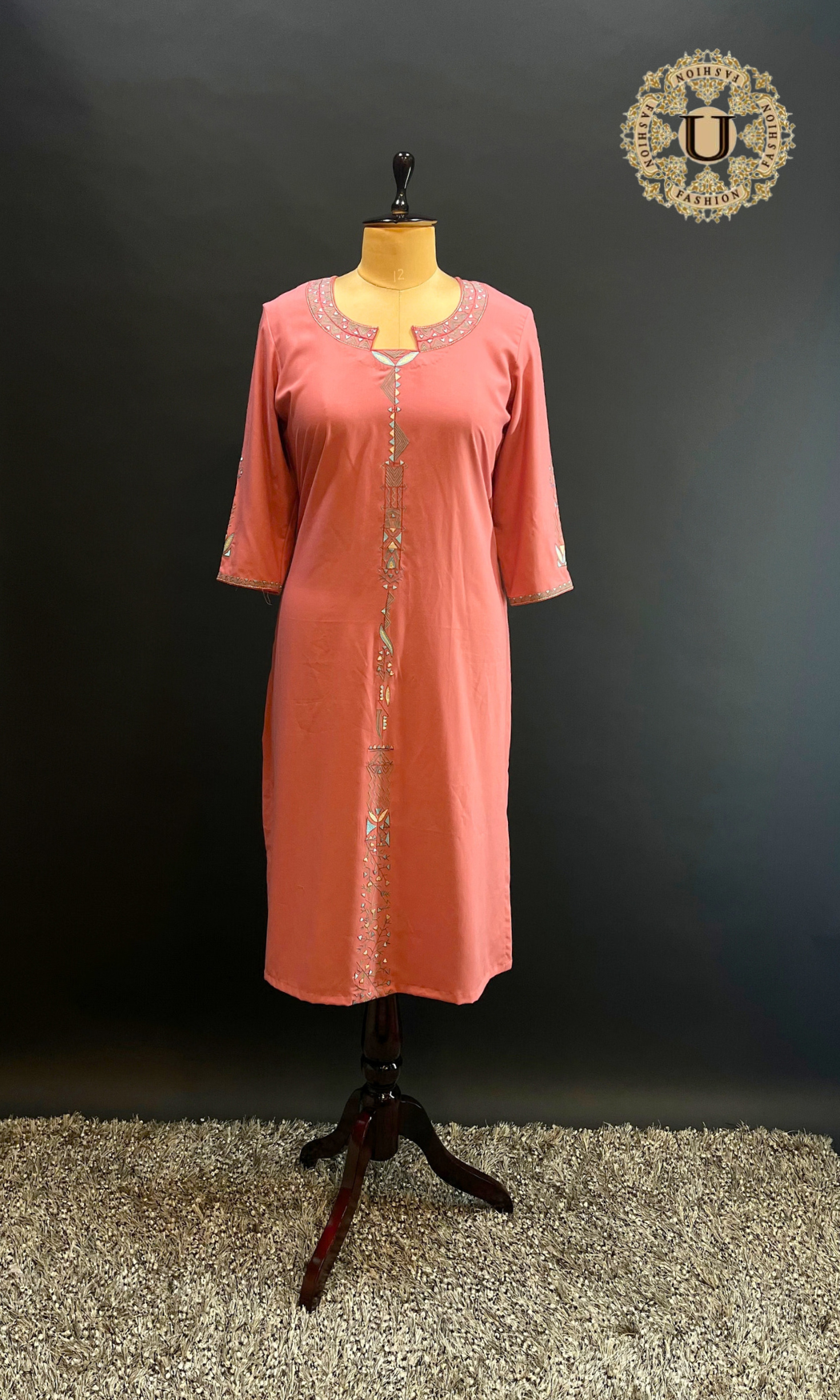 Peach Spun Embroidered Long Kurti