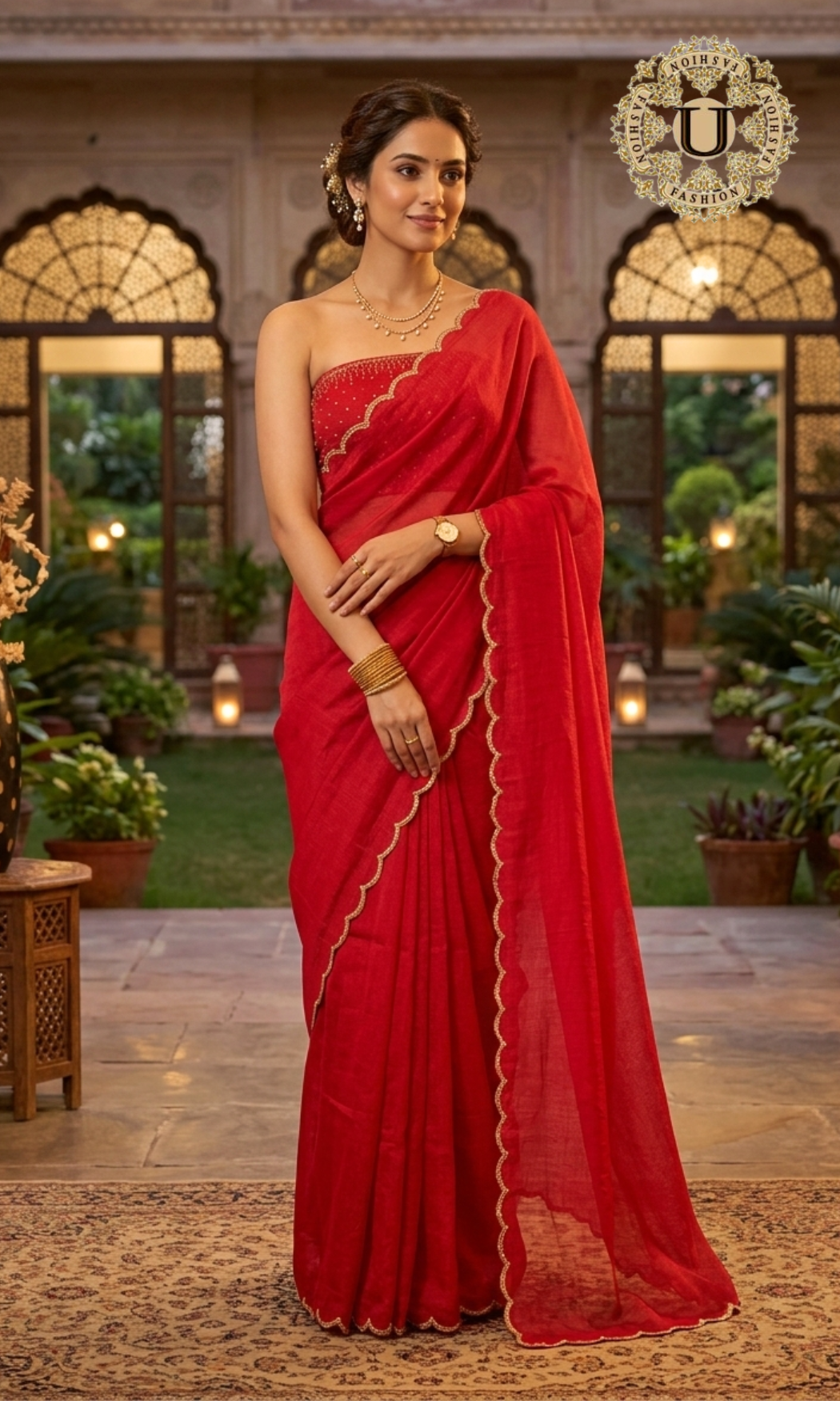 Red mix crape scallop Fancy Saree