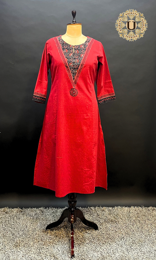 Red Cotton Printed Yoke Long Kurti