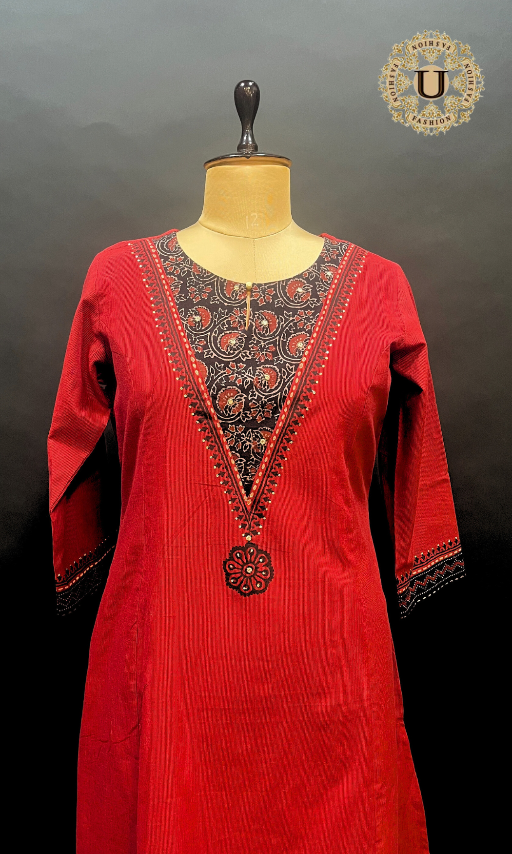 Red Cotton Printed Yoke Long Kurti
