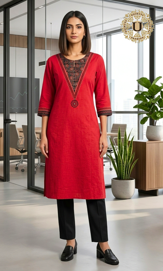 Red Cotton Printed Yoke Long Kurti