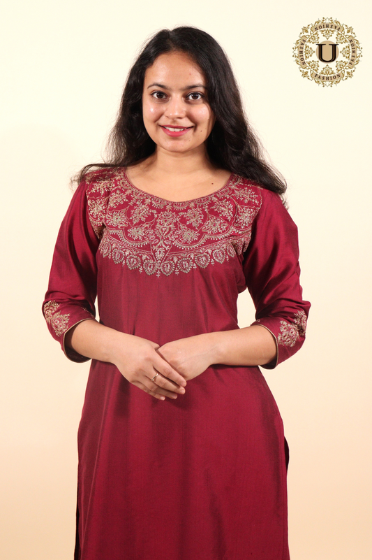 Wine Cotton Slik Zari Yoke Long Kurti