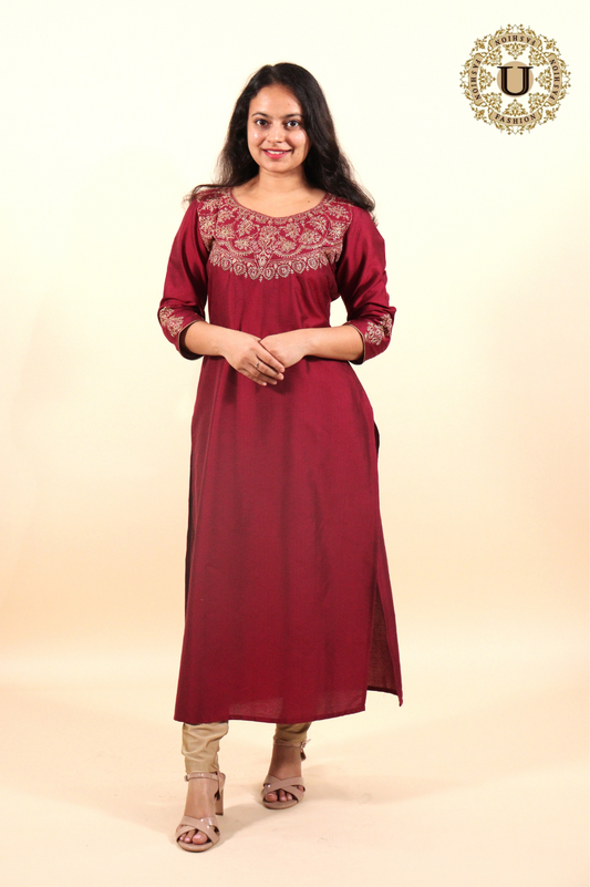 Wine Cotton Slik Zari Yoke Long Kurti