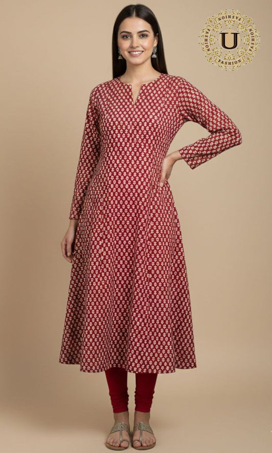 Red Cotton Printed A Line Kurti