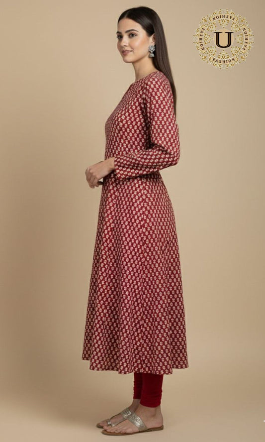 Red Cotton Printed A Line Kurti