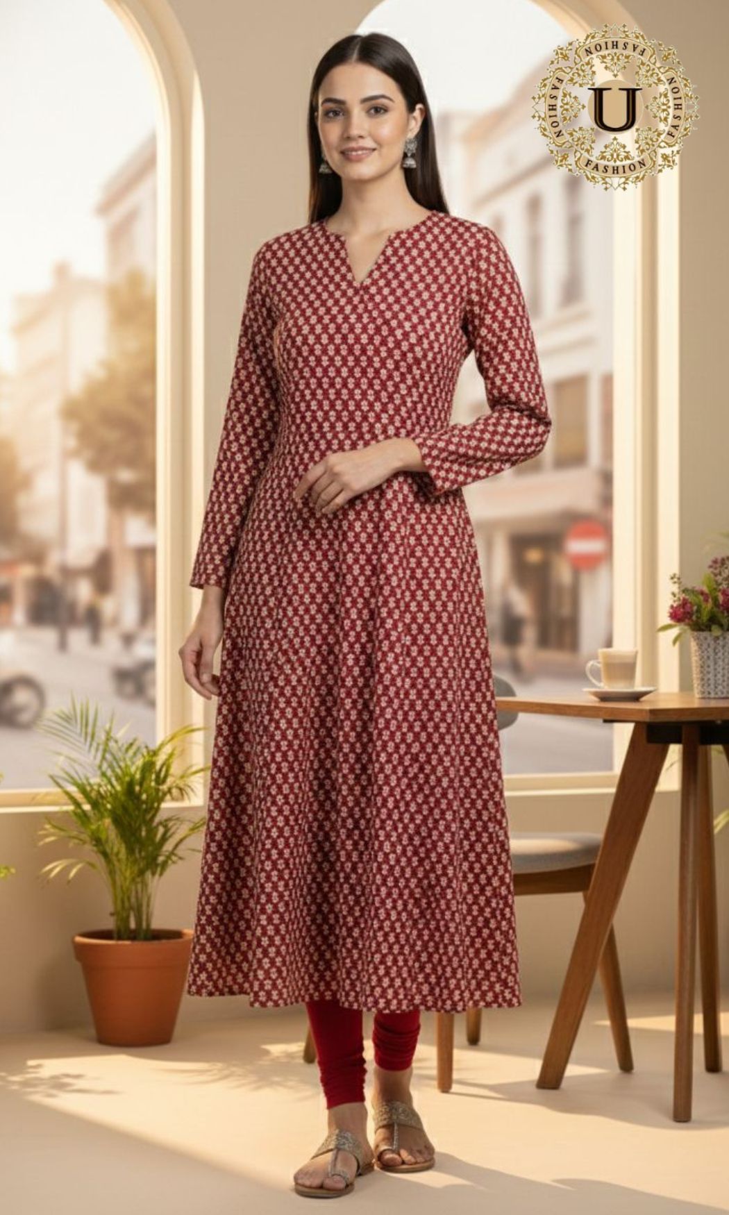 Red Cotton Printed A Line Kurti