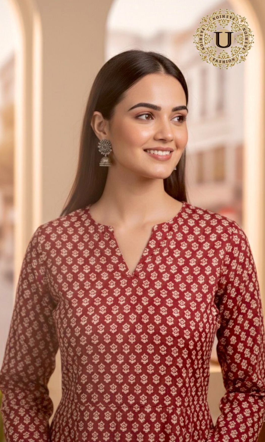 Red Cotton Printed A Line Kurti