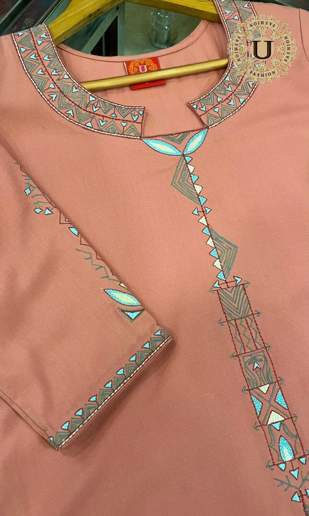 Peach Spun Embroidered Long Kurti