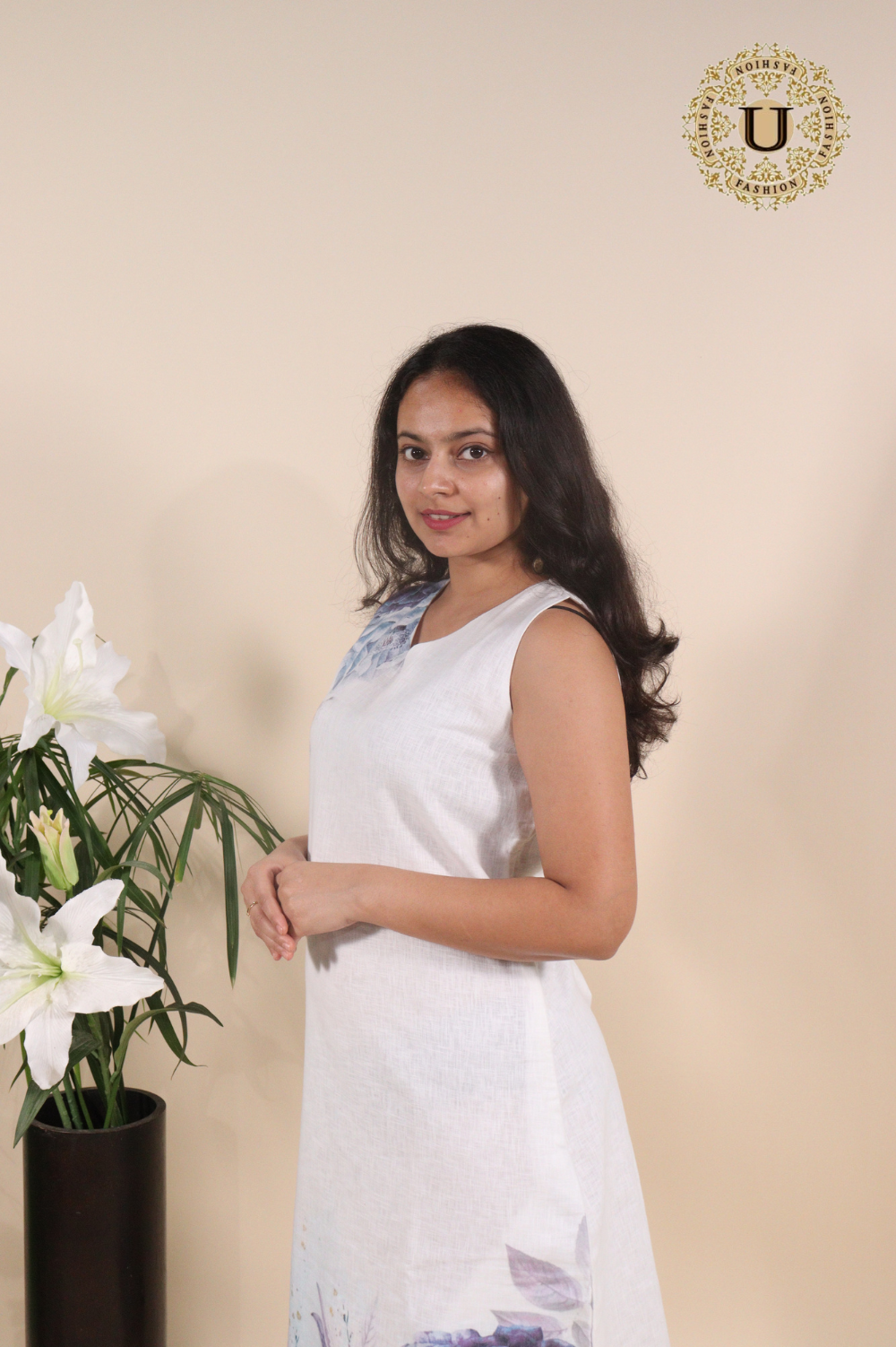 White Cotton Florel Printed Midi Dress