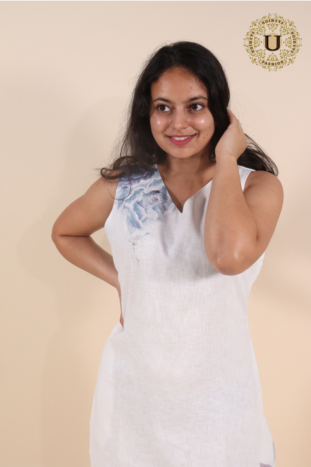 White Cotton Florel Printed Midi Dress