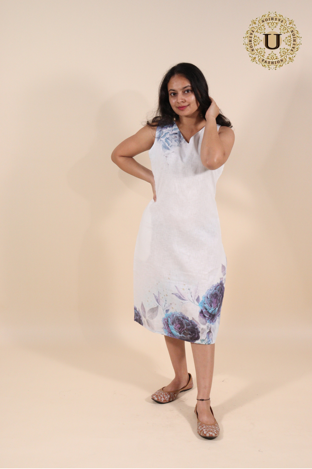 White Cotton Florel Printed Midi Dress