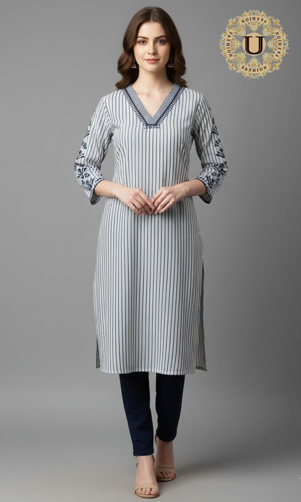 Navy Blue Cotton Stripe Long Kurti