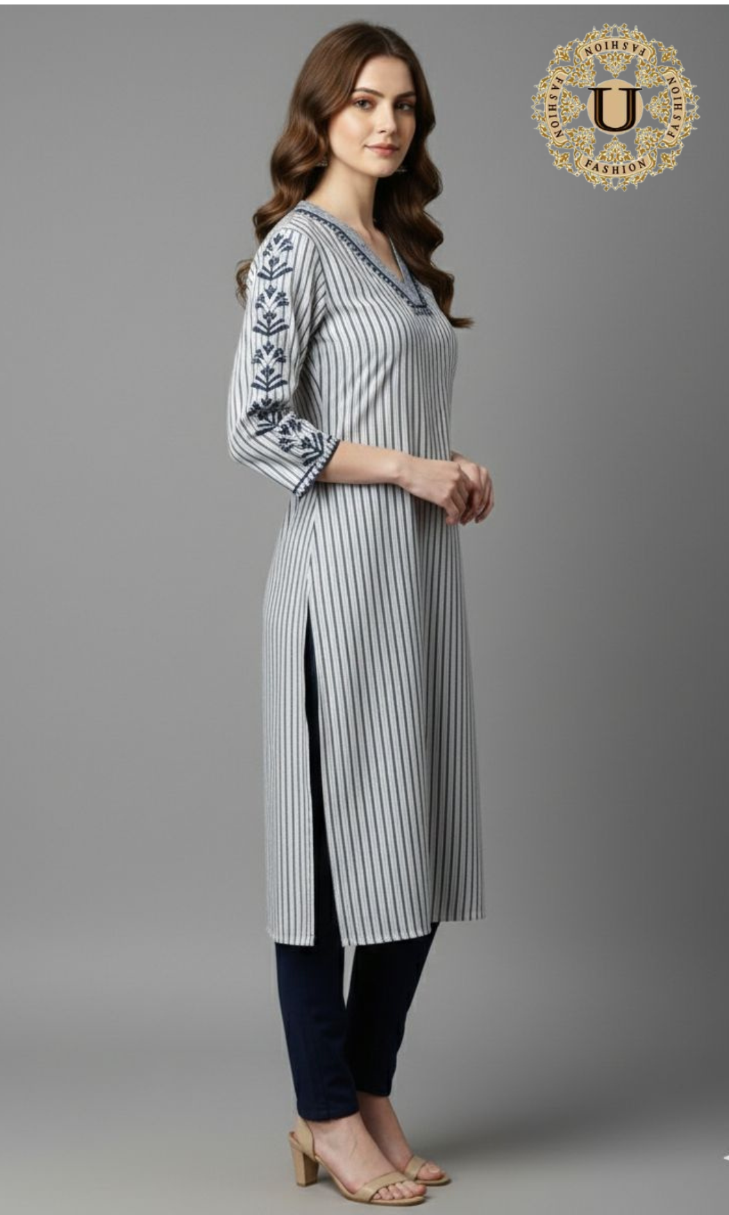Navy Blue Cotton Stripe Long Kurti