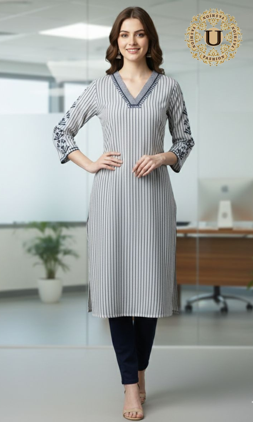 Navy Blue Cotton Stripe Long Kurti